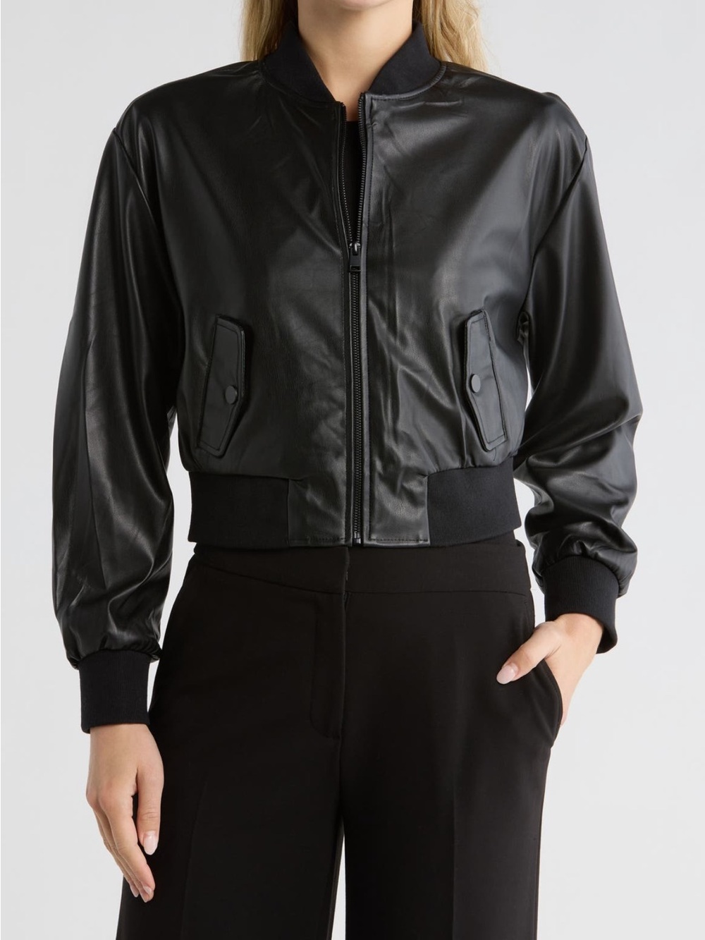 Jason Wu Faux Leather Vegan Cropped Bomber Jacket Black Minimalist X-Small